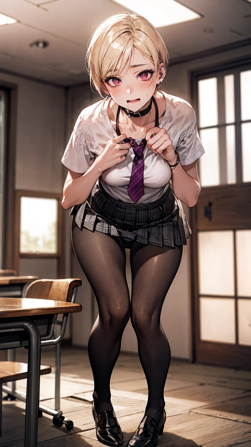 (masterpiece:1.3, best quality), (realistic, photorealistic:1.4), beautiful illustrations, perfect lighting, fancy, written border depth,
looking at viewer, whole body, front view:0.6, 1 girl, alone, Japanese, High school girls, improve, (big bust,wide hips,small waist, Seductive thighs, skin dents),(Short hair:1.5),asymmetrical bangs, chapped lips, (Very tanned and shiny skin),good hair, beautiful hair, beautiful face, very detailed face, beautiful beautiful eyes, beautiful collarbone, beautiful body, beautiful breasts, beautiful thighs, beautiful feet, beautiful fingers, (beautiful scenery), (blonde:1.5),gray plaid pleated skirt, black stockings, plump thighs, Metal collar, ear piercing, red eyes, straight hair, sweeping bangs, gradient hair, , white shirt, tie, ecstatic face, Ahegao, drooling, looking at viewer, (pantyhose, panties pull down, I grabbed my own chest), In a classroom with a sunset,( lean forward:1.2)