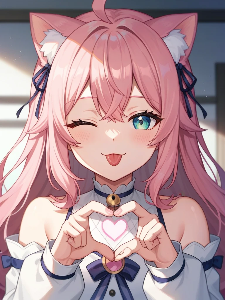 Adult, Female, long pink hair, winking, smiling, invisible heart symbol hands tongue out, vtuber, otaku bedroom, Masterpiece, Accurate, Anatomically Correct, Best Quality, High Details, Detail, Super Detailed, Best detail, Perfect detail, Amazing detail, [-3, 3], perfect hands, best hands, best fingers, perfect fingers, perfect body, best body, amazing body, Looking at viewer, front facing, upper body shot, Cat Ears, Close-Up, 