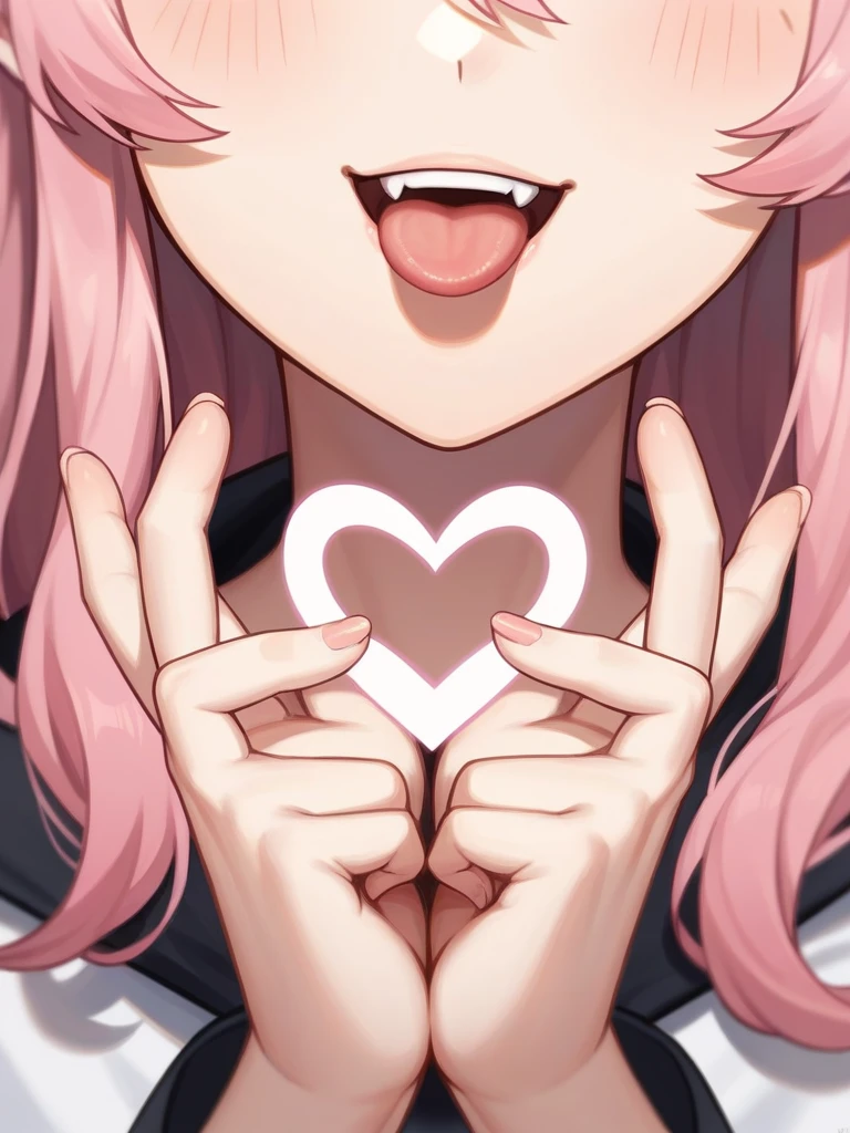 Adult, Female, long pink hair, winking, smiling, invisible heart symbol hands tongue out, vtuber, otaku bedroom, Masterpiece, Accurate, Anatomically Correct, Best Quality, High Details, Detail, Super Detailed, Best detail, Perfect detail, Amazing detail, [-3, 3], perfect hands, best hands, best fingers, perfect fingers, perfect body, best body, amazing body, Looking at viewer, front facing, upper body shot, Cat Ears, Close-Up, 
