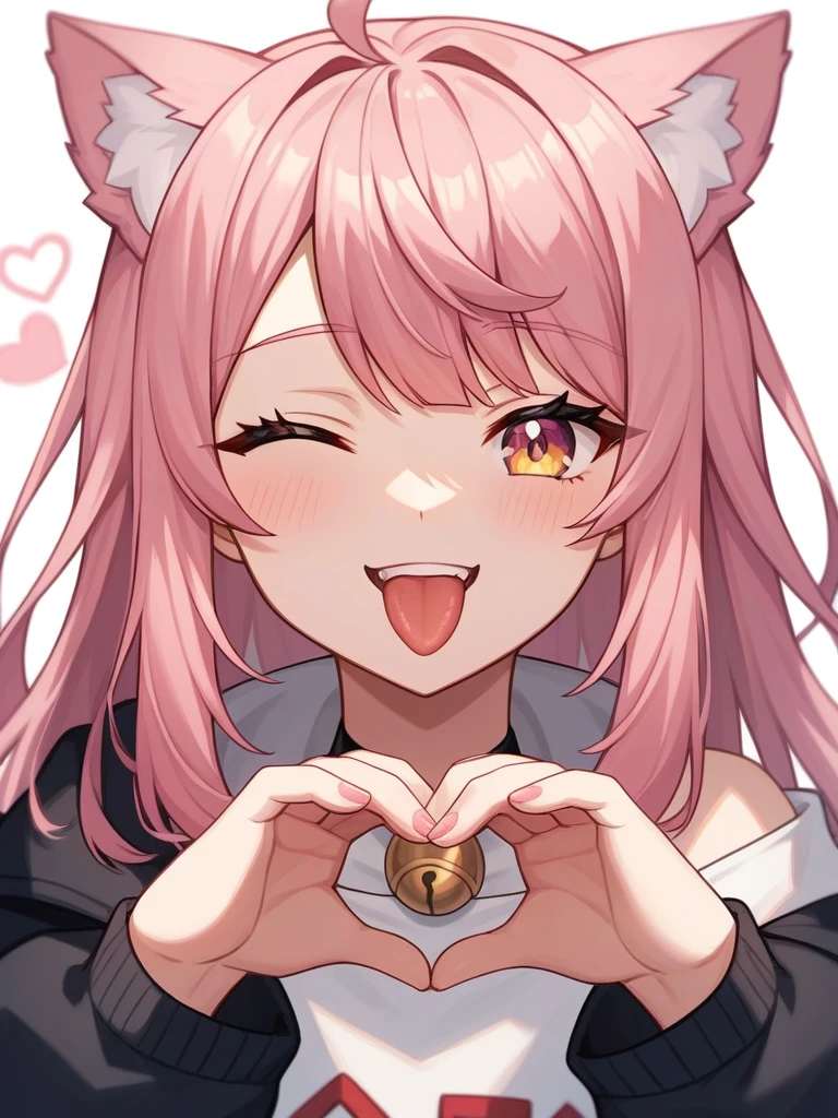 Adult, Female, long pink hair, winking, smiling, invisible heart symbol hands tongue out, vtuber, otaku bedroom, Masterpiece, Accurate, Anatomically Correct, Best Quality, High Details, Detail, Super Detailed, Best detail, Perfect detail, Amazing detail, [-3, 3], perfect hands, best hands, best fingers, perfect fingers, perfect body, best body, amazing body, Looking at viewer, front facing, upper body shot, Cat Ears, Close-Up, 