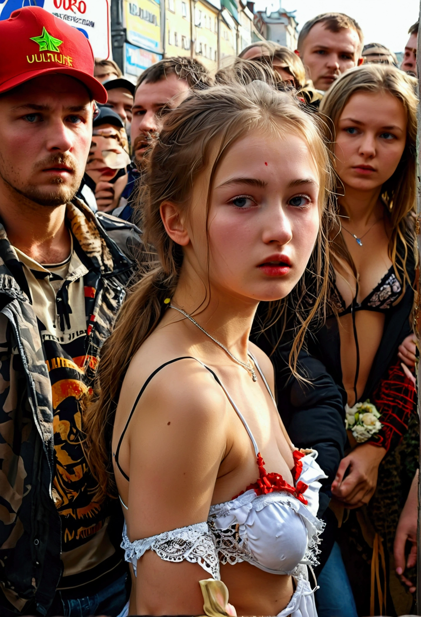Russian girl 18 years old behaves like the last whore in a crowd of men, Dressed like a slut with no panties. Public humiliation. Humiliating inscriptions on the body 