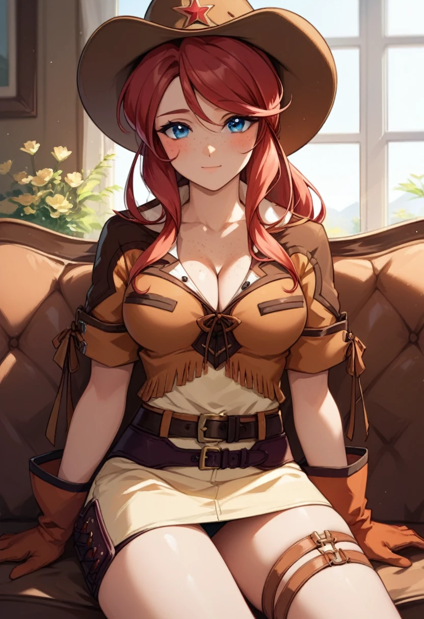 score_9, score_8_up, score_7_up, very aesthetic, source_anime, detailed, high quality, beautiful, masterpiece, detailed eyes,
Indoors, couch,
cowboy shot, upper body, aroused facial expression, blush, mouth closed,
gemini sunrise, red hair, long hair, blue eyes, freckles, sidelocks, big breasts, cleavage, facing the viewer, looking at the viewer, sit down, (spread-out legs),
belt, thigh strap, cowboy hat, cowboy boots, fringe trim, gloves, miniskirt, zPDXL