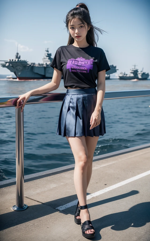 8K, best quality, Extremely detailed:1.37), Ray Tracing , Unity 8K wallpaper, ((18 years)), A beautiful Asian girl, ((proudly stands in a Aircraft carrier deck)), Representing her as a Navy pilot, ((She wore a fitted luxurious purple T-shirt)), ((Luxurious above-knee length blue satin pleated skirt)), High-resolution images capture ultra-detailed realism, Highlight Eliana's determined expression, Sharp eyes, and a confident attitude. The backdrop showcase aircraft carrier, Adds authenticity and meaning to the image. This visually striking image captures Eliana's strength and dedication as a Navy pilot, Ship, ((Blue Sea)), (((Aircraft carrier deck))), fighter, Army Helicopter, Chinook helicopter, ((Delicate face)), ((Perfect body)), ((Fine hair)), ((Detailed dress)), ((Detailed background)), ((Delicate skin)), ((detailed fighter)), Lovely knees, , Stylish appearance, Perfect young breasts under clothes, Realistic skin, Perfect angle, Surreal, Ultra-high definition image clarity, fighter头盔在手中, The eyes look very hot, Open your mouth slightly, Surreal Face, Upper body shooting, close up, On Deck