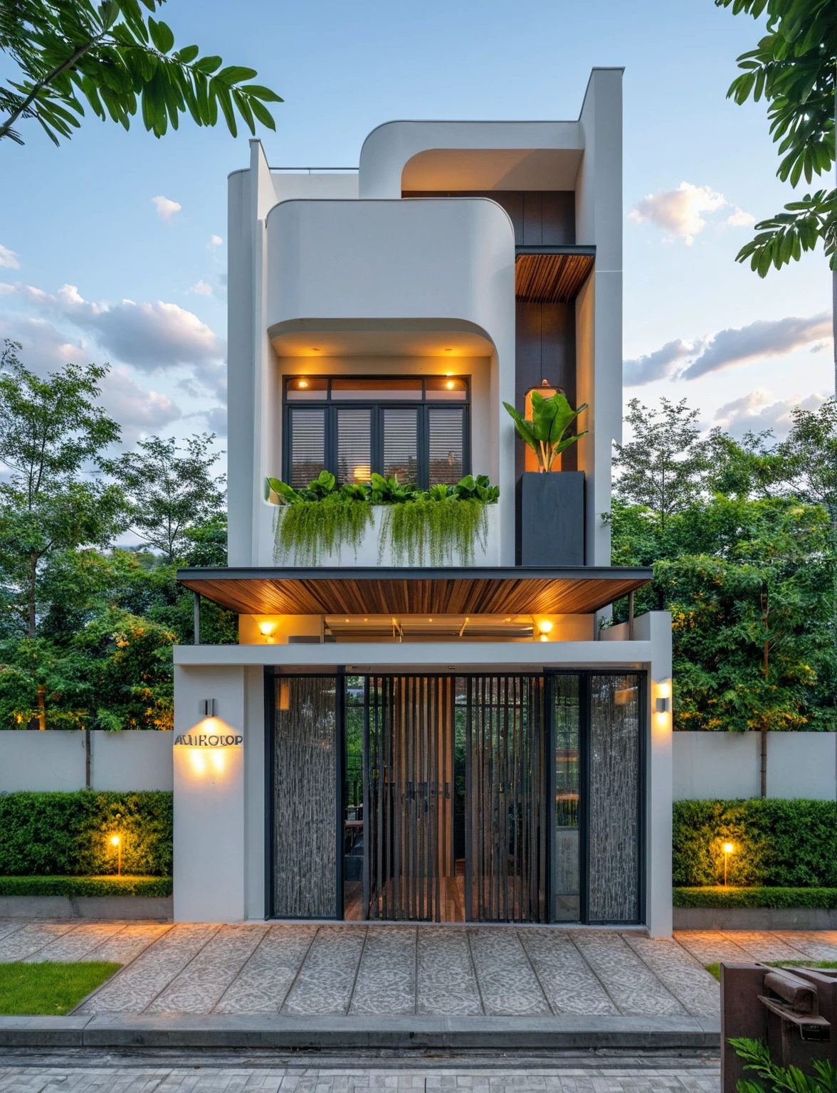 Masterpiece, high quality, best quality, authentic, super detailed, outdoor, aiaigroup, modern 2-storey townhouse style, stairs, white wall combined with wood, wind encaustic tiles, iron gate, ceiling conwood, flowers, path, summer evening, grass, trees, sky, clouds, (daylight: 1.1)