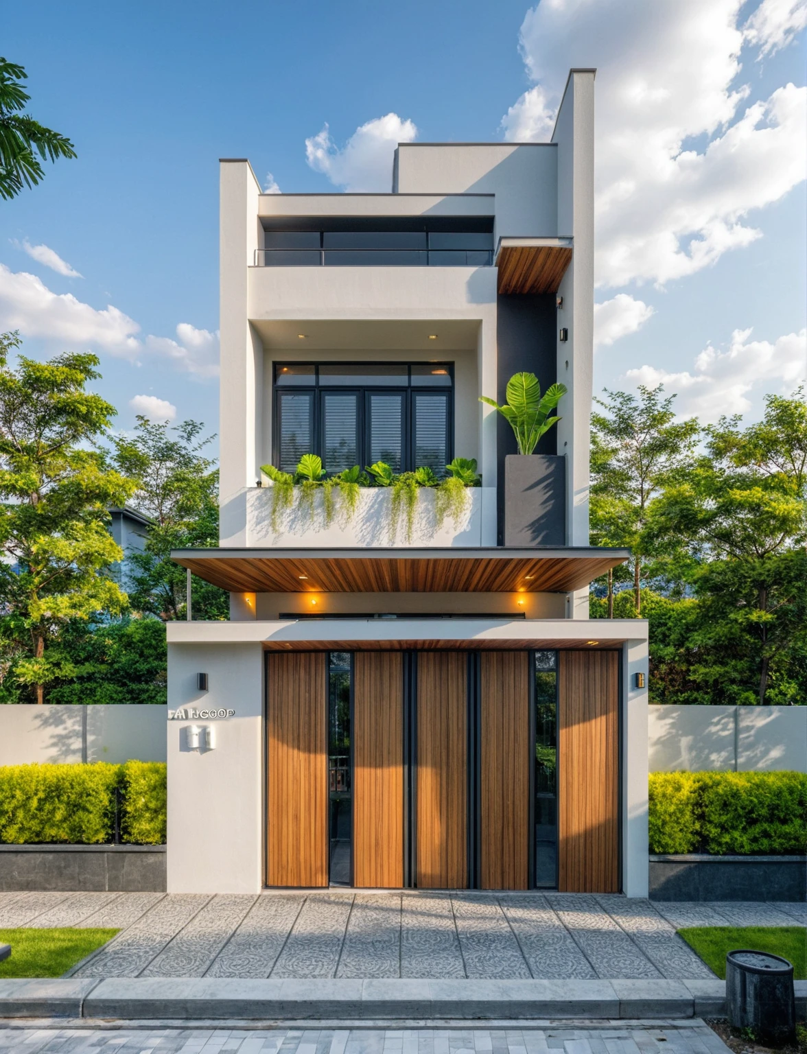 Masterpiece, high quality, best quality, authentic, super detailed, outdoor, aiaigroup, modern 2-storey townhouse style, stairs, white wall combined with wood, wind encaustic tiles, iron gate, ceiling conwood, flowers, path, summer evening, grass, trees, sky, clouds, (daylight: 1.1)