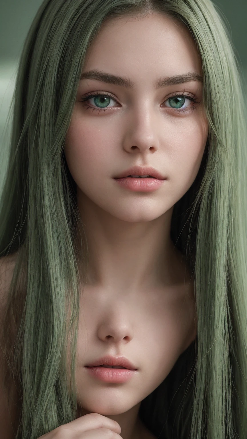 a girl. Europe. detailed face. delicate facial features. pointed chin. Oval face. expression is very disappointing. green hair. green eyes. long straight hairstyle. messy hair. thin lips. look directly