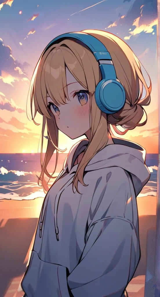 At dusk、A cute girl in a hoodie and headphones is watching the sunset on the beach。Her hair is blonde、semi-long。Madhouse-like colors。A touch like Makoto Shinkai。