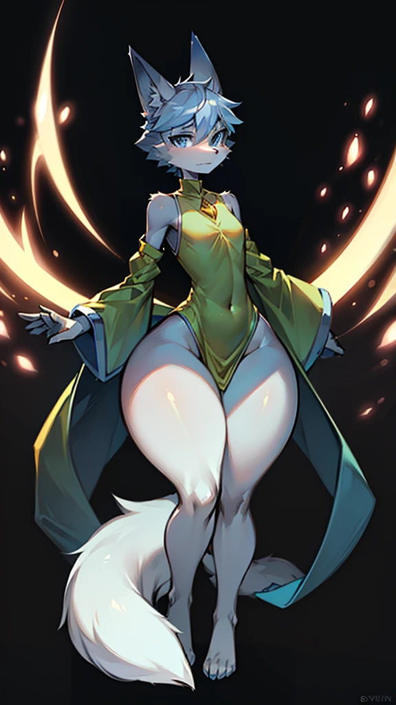 Male femenine fox with Wide hips, Big thighs, Gray fur, large butt, Slim shoulders, Slim waist, Gorgeous Navy blue eyes, wearing a Yellow tunic with a powerful aura giving a menacing stare