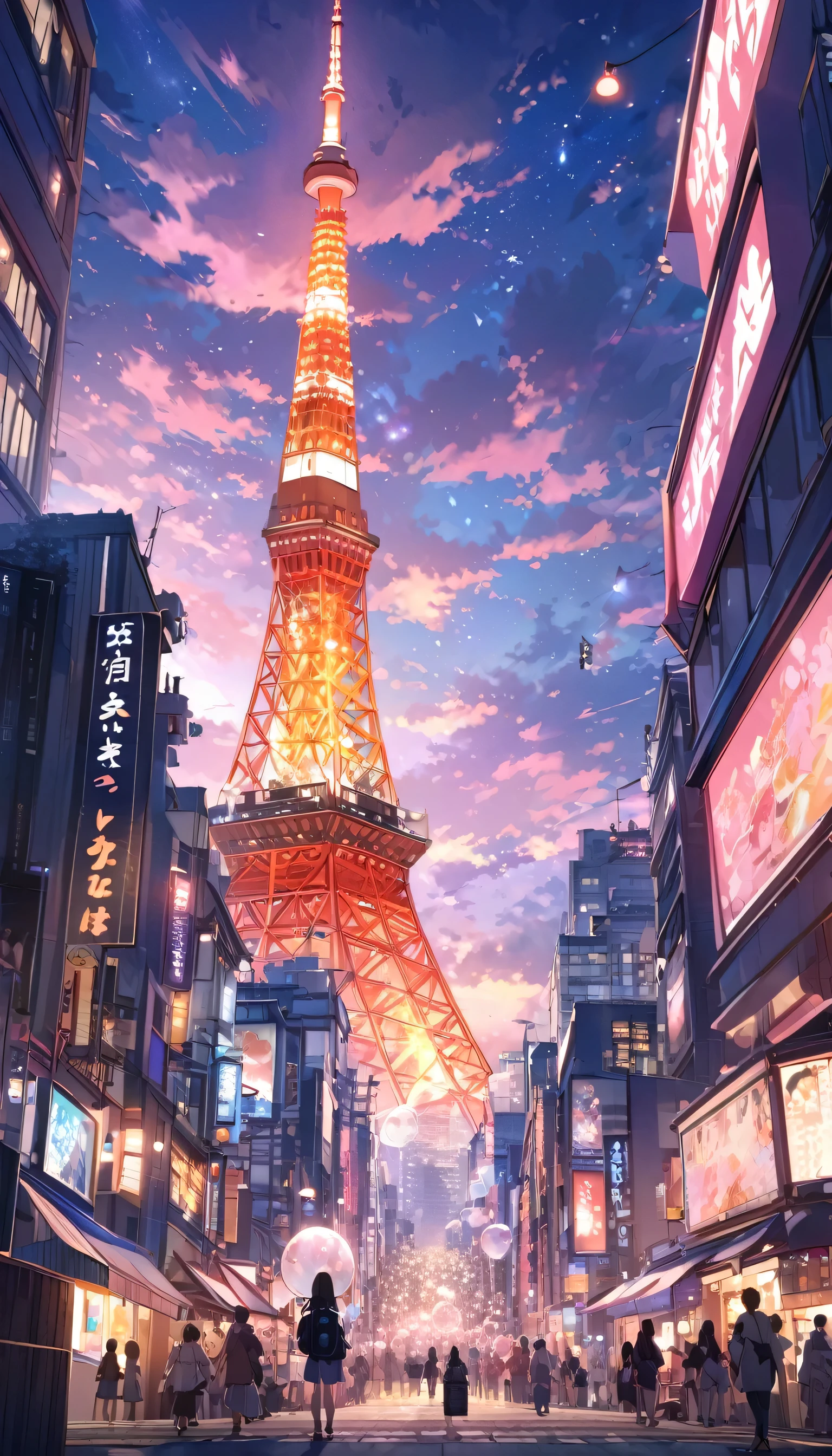 Night cityscape in the background、A girl is sitting on a hill and looking at Tokyo Tower。The sky changes from dusk to night with a beautiful gradation.、Purple and pink hues are prevalent。Clouds are floating here and there、Creates a fantastic atmosphere。There are giant soap bubbles floating around.、It reflects light and shines。The city below is lit up with countless lights、The buildings are crowded together。The girl is wearing a black T-shirt、carrying a backpack on one&#39;s back。Pink flowers bloom in the foreground。The girl is wearing a black T-shirt。
carrying a backpack on one&#39;s back。
Tokyo Tower is located in the center、The light is shining。
The sky is a gradation from dusk to night、Purple and pink hues are prevalent。
Giant soap bubbles floating in the air。
The cityscape is densely packed with buildings.、Illuminated by countless lights。
Pink flowers bloom in the foreground。Paintings inspired by Makoto Shinkai, Beautiful anime scenery、Ultra-realistic, Anime movie background, Pixiv Topics、Her hair is fluttering in the wind