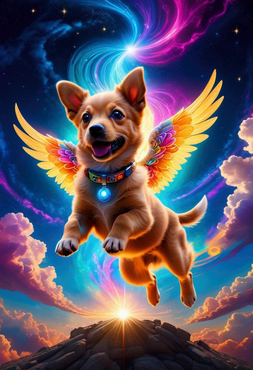 (Flying Puppy), sky, in Starry Solstice, in Solar Sanctuary, standing beneath a sky filled with swirling (colorful) clouds of solar plasma and colorful streams of charged particles from the sun, full body, award-winning, cinematic still, emotional, vignette, dynamic, vivid, (masterpiece, best quality, Professional, perfect composition, very aesthetic, absurdres, ultra-detailed, intricate details:1.3)