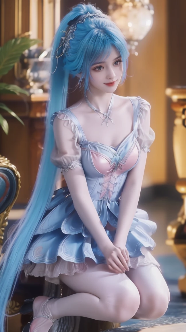 1girl, cheerful girl, blue hair, carefree and happy, smiling, The girl is wearing a beautiful dress, the girl's eyes are bright and sparkling, very beautiful, cute and sweet