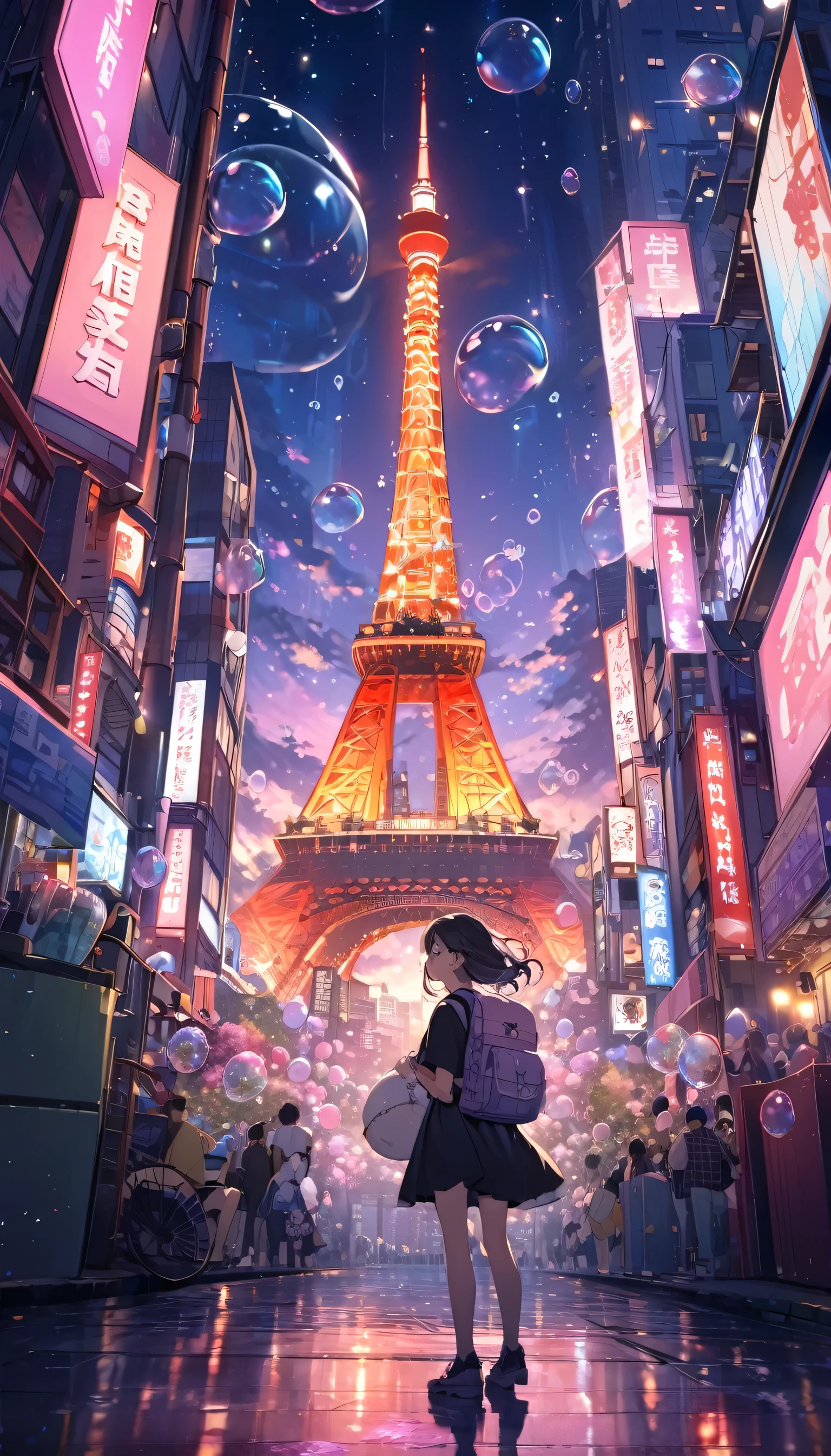 Night cityscape in the background、A girl is sitting on a hill and looking at Tokyo Tower。The sky changes from dusk to night with a beautiful gradation.、Purple and pink hues are prevalent。Clouds are floating here and there、Creates a fantastic atmosphere。There are giant soap bubbles floating around.、It reflects light and shines。The city below is lit up with countless lights、The buildings are crowded together。The girl is wearing a black T-shirt、carrying a backpack on one's back。Pink flowers bloom in the foreground。The girl is wearing a black T-shirt。
carrying a backpack on one's back。
Tokyo Tower is located in the center、The light is shining。
The sky is a gradation from dusk to night、Purple and pink hues are prevalent。
Giant soap bubbles floating in the air。
The cityscape is densely packed with buildings.、Illuminated by countless lights。
Pink flowers bloom in the foreground。Paintings inspired by Makoto Shinkai, Beautiful anime scenery、Ultra-realistic, Anime movie background, Pixiv Topics、Her hair is fluttering in the wind