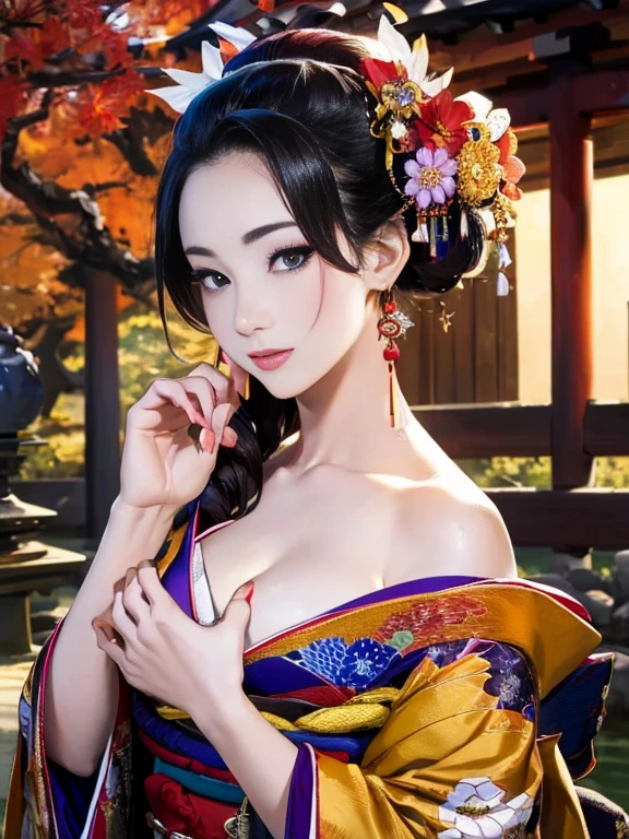 (Highest quality、 8k 、masterpiece、High resolution)、 Japanese painting、Vibrant colors、A woman wearing a kimono、Ample breasts、Hands on chest、(Highly detailed face and eyes,Beautiful Face,Beautiful Eyes,Beautiful nose,Pretty lips)、Dynamic painting technique、Japanese garden、Autumn scenery、autumn leaves、Starry Sky、Detailed Description、