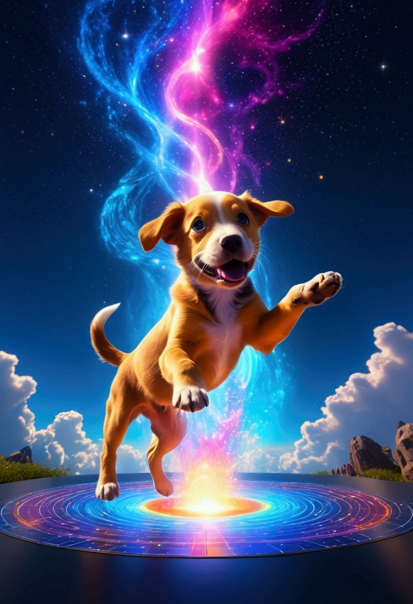 (Flying Puppy), sky, in Starry Solstice, in Solar Sanctuary, standing beneath a sky filled with swirling (colorful) clouds of solar plasma and colorful streams of charged particles from the sun, full body, award-winning, cinematic still, emotional, vignette, dynamic, vivid, (masterpiece, best quality, Professional, perfect composition, very aesthetic, absurdres, ultra-detailed, intricate details:1.3)