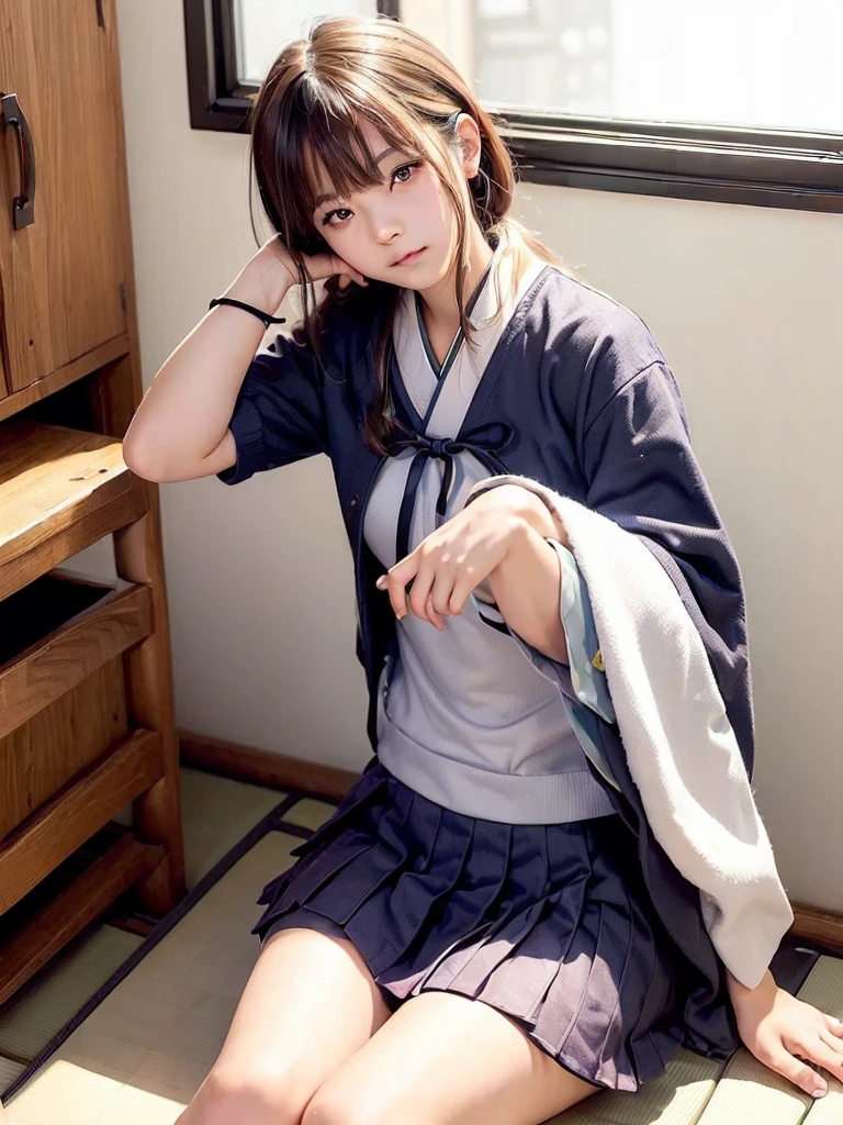 (Japanese idle:1.6), (school uniform:1.3), (sitting in bathroom, (From below:1.4), Blushed face,