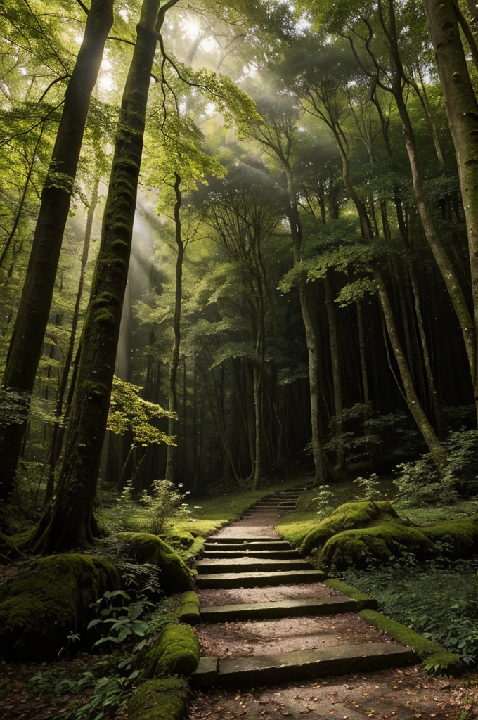 The Whispering Woods: A dense forest bathed in a perpetual twilight, where ancient trees stand sentinel over moss-covered paths and winding creeks. Sunbeams filter through the canopy in golden shafts, illuminating a carpet of wildflowers that seem to hum with their own melody. The air is alive with the soft rustle of leaves and the distant calls of unseen creatures. Each step you take feels like a journey through time, as if the spirits of the forest are guiding you through a realm where magic still holds sway