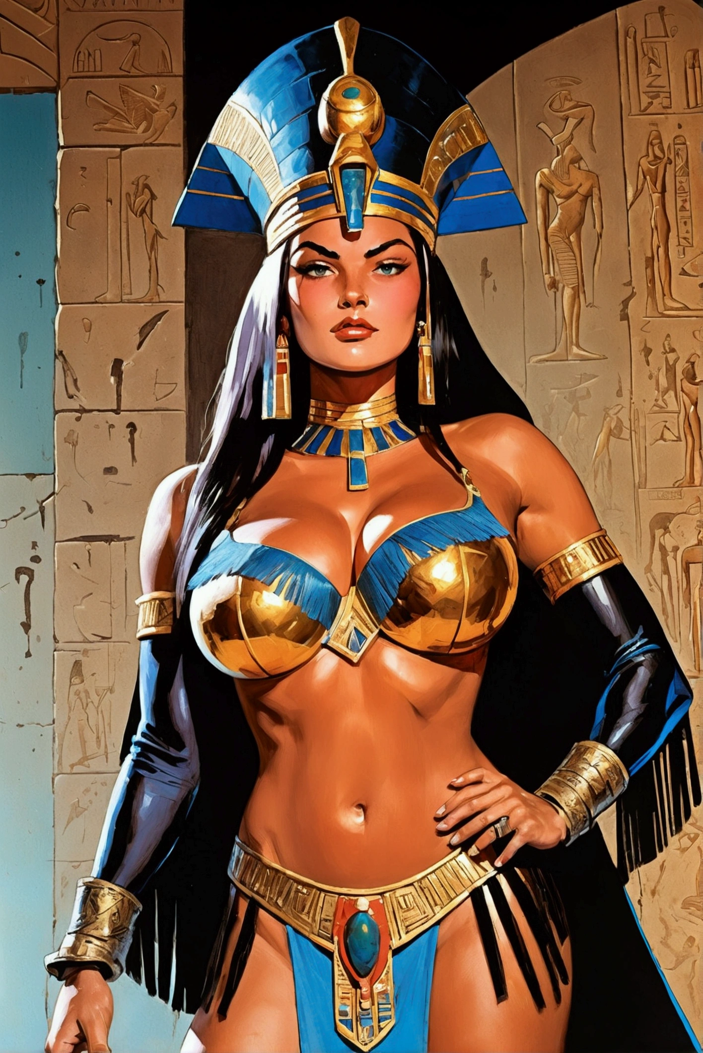 ((Oil painting by Frank Frazetta.)),Beautiful queen Cleopatra Egyptian woman, beautiful black eyessmiling egyptian woman, (Bright Egyptian ornaments, muscled body y perfecto:1.4,(premium、8k、32K、masterpiece)、超High resolution, ((Traditional Egyptian Bangs and Fringe Hairstyle.)), Black hair with abundant bangs on the forehead., (cowboy shot), depth of field, cinematic lighting effect、muscled body, shiny caramel skin with oil and sweat, ((egyptian sorceress)), ((wearing insanely detailed blue and gold ancient egyptian sorceress outfit)), ((Egyptian headdress decorated in blue and gold)), ((((big and heavy breasts)))), interior of ancient egyptian palace, (((NSFW))), (((open legs, having sex)))