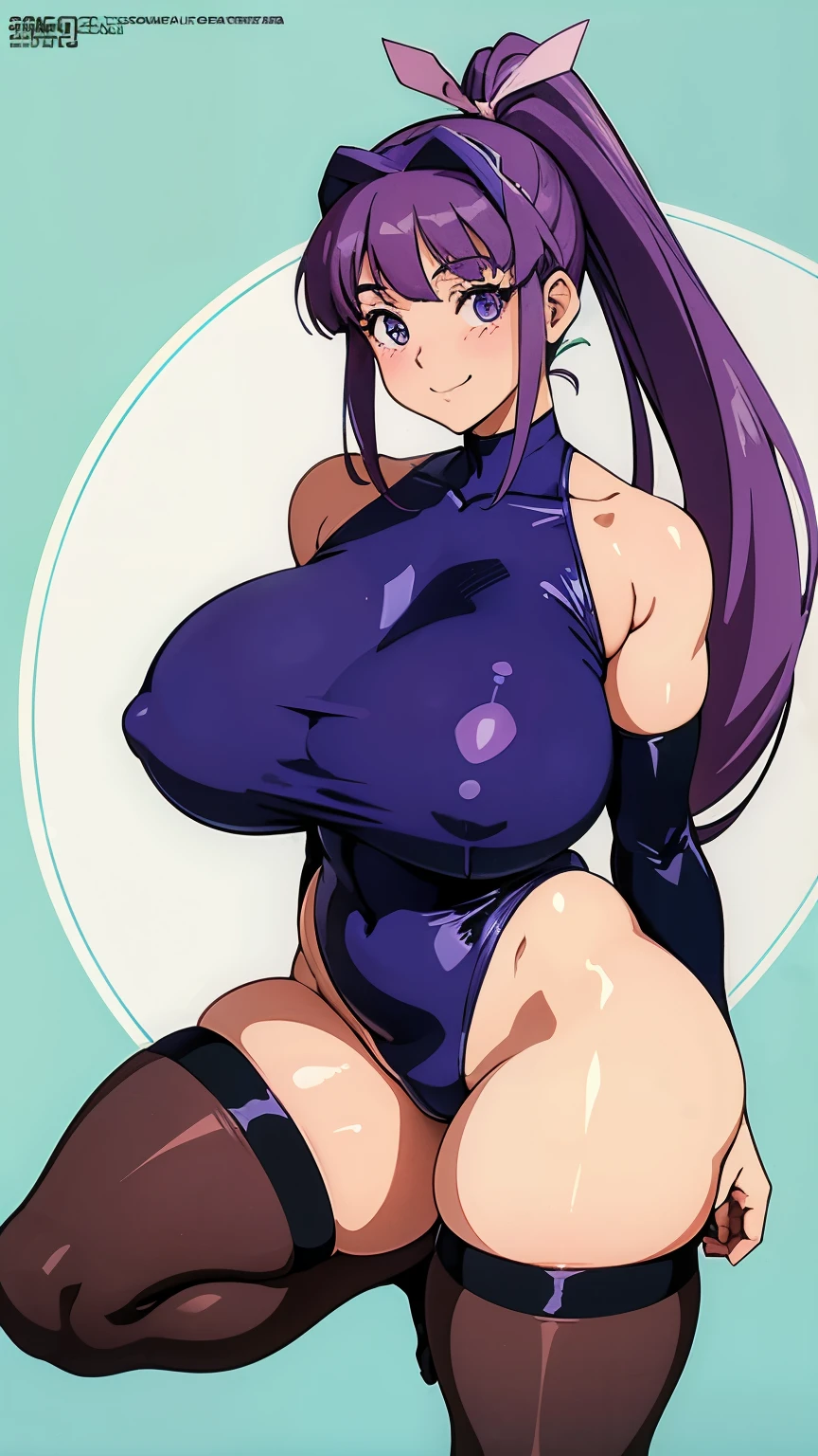 la blue girl, 18 year old, 若い女の子, midou miko, gigantic breasts:1.3, curvy body, mammasize, woman ninja, purple long ponytail, A big pink ribbon on her head, smile, High-cut green leotard, Brown stockings, 1990's anime cels style,