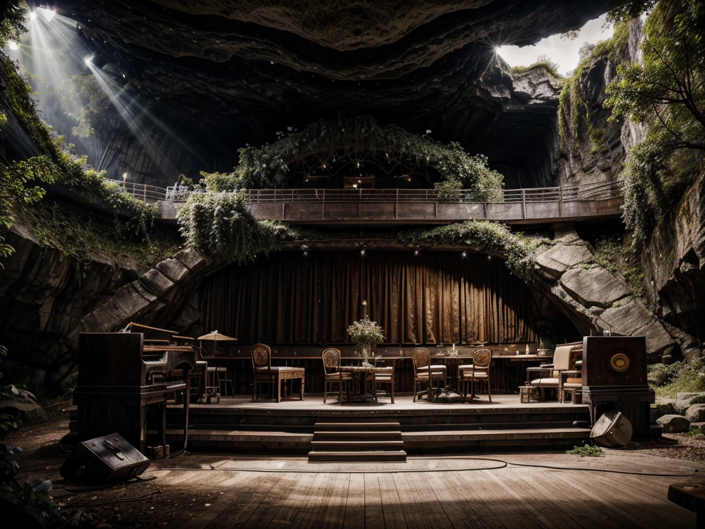 
cafe restaurant, a music stage in a cave, big stage, tone white, spotlights, natural lighting, musical equipment, guitars, pianos, drum sets, trumpets, realistic, surreal,
Wide space, trees around, glass windown big, Realistic,Photorealism