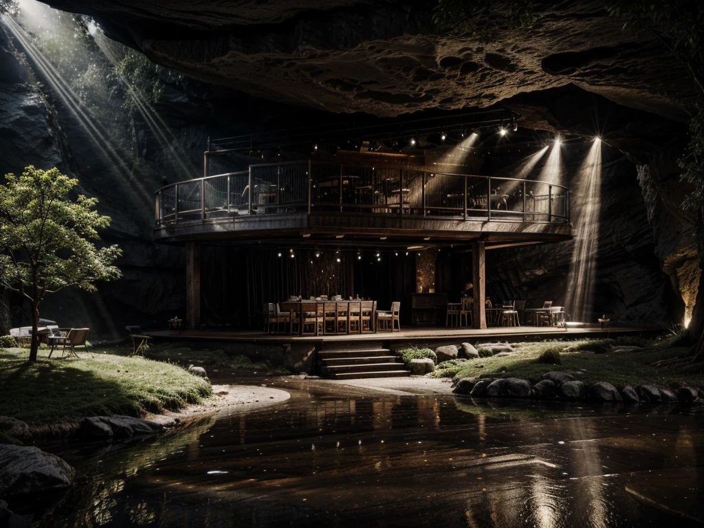 
cafe restaurant, a music stage in a cave, big stage, tone white, spotlights, natural lighting, musical equipment, guitars, pianos, drum sets, trumpets, realistic, surreal,
Wide space, trees around, glass windown big, Realistic,Photorealism