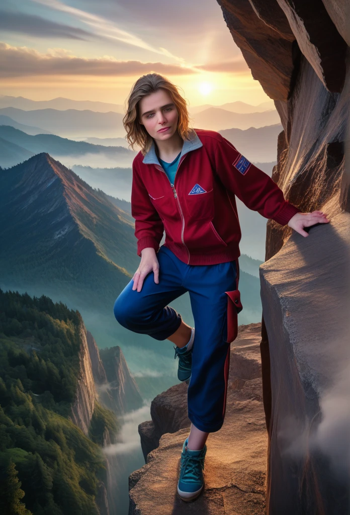 Hyperrealistic art score_9, score_8_up, score_7_up, (photorealistic:1.4), wide angle, mountain cliff, climber, climbing, grabbing ledge,closeup, very detailed, DRAMATIC LIGHTING, fog . Extremely high-resolution details, photographic, realism pushed to extreme, fine texture, incredibly lifelike