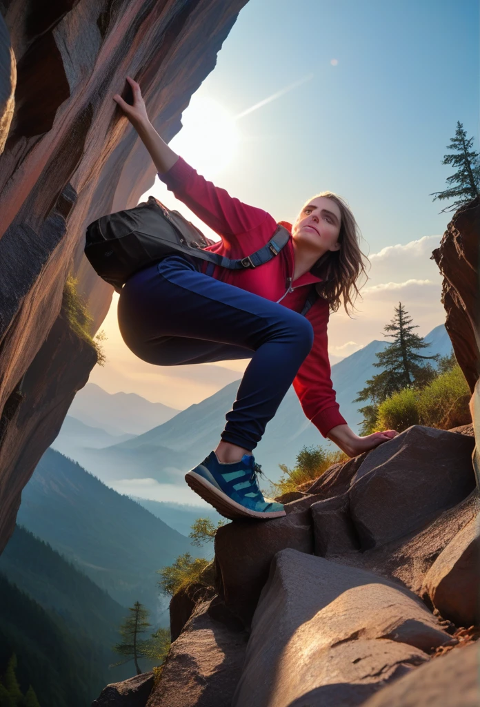 Hyperrealistic art score_9, score_8_up, score_7_up, (photorealistic:1.4), wide angle,  mountain cliff, climber, climbing, grabbing ledge,closeup, very detailed, DRAMATIC LIGHTING, fog . Extremely high-resolution details, photographic, realism pushed to extreme, fine texture, incredibly lifelike