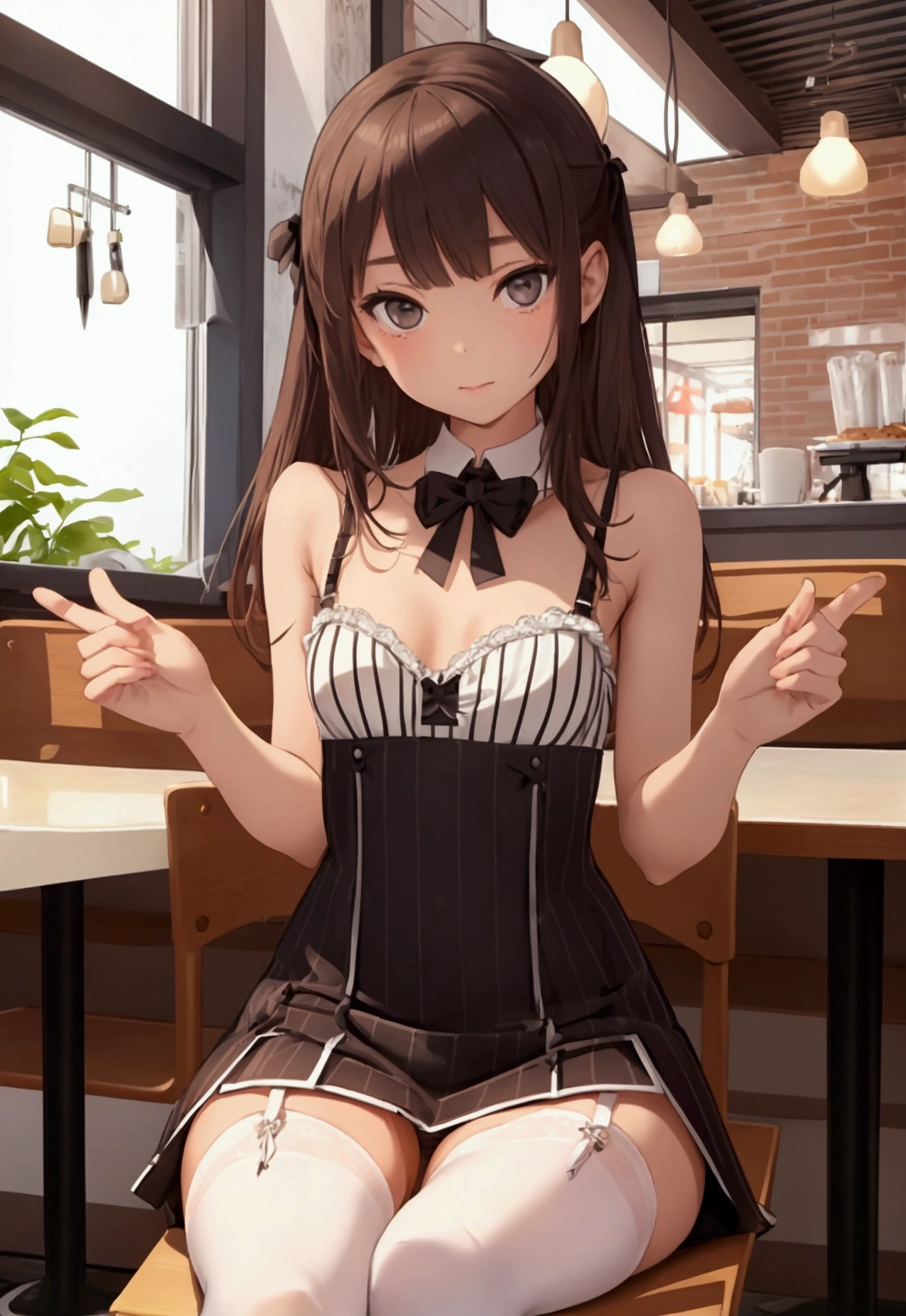 13 years old tiny girl with skinny body and flat breasts wearing white short dress and stockings, sitting in a coffee shop showing her striped panties