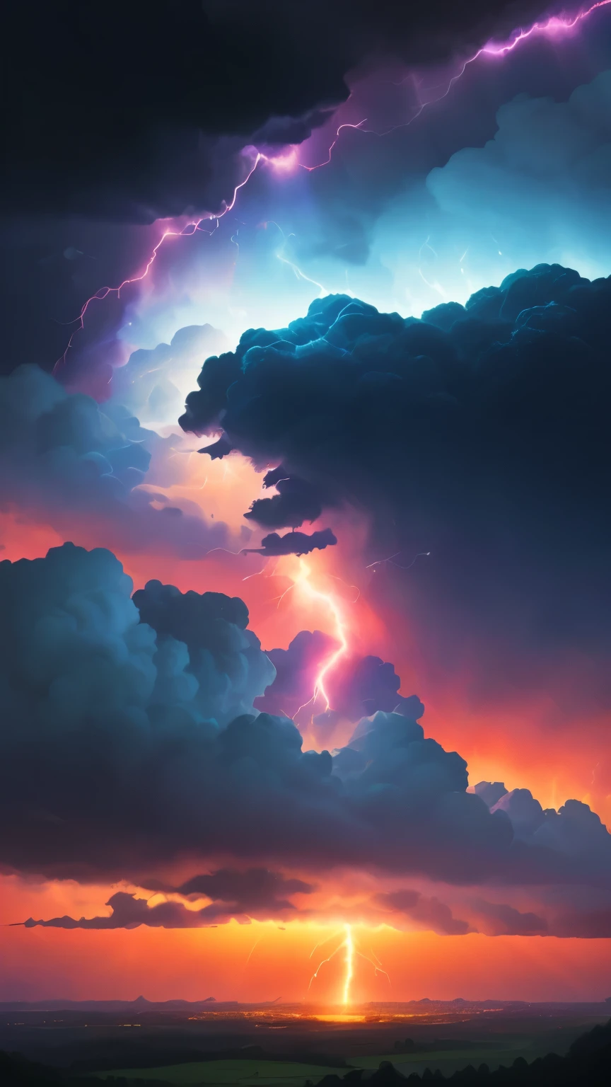 ((best quality)), ((masterpiece)), (detailed), A digital illustration of a rainbow lightning in a dark blue sky with small peach color birds flying in the background