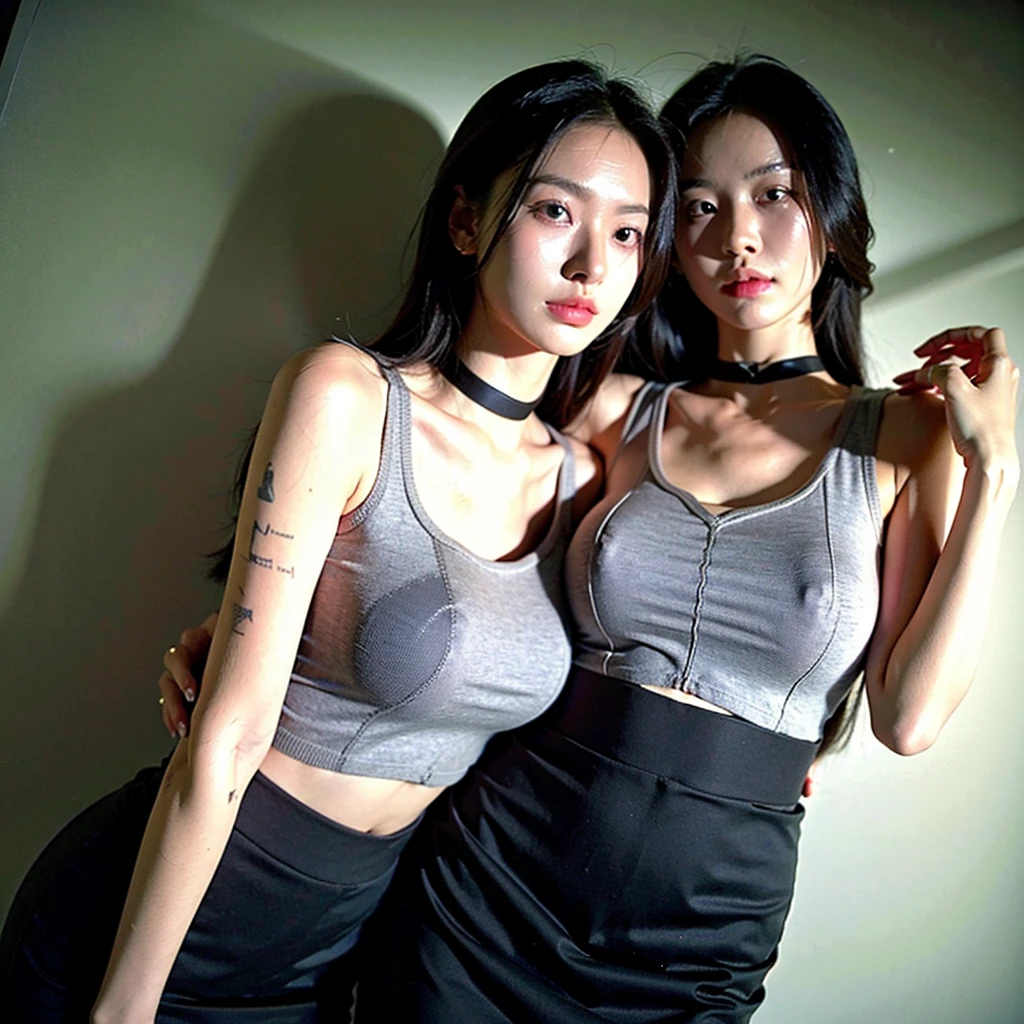 best quality, ultra high res, (photorealistic:1.4), unique faces, pretty girl, bra shirt, black tight skirt, black choker, (faded ash gray hair:1), medium breasts, looking at viewer, closeup, (pretty face) , (west girls) , (RAW photo, best quality,high quality,highres), (realistic, photo-realistic), ultra-detailed, (front lighting).
