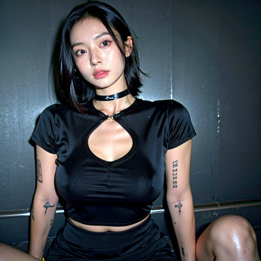 best quality, ultra high res, (photorealistic:1.4), unique faces, pretty girl, bra shirt, black tight skirt, black choker, (faded ash gray hair:1), medium , looking at viewer, closeup, (pretty face) , (west girls) , (RAW photo, best quality,high quality,highres), (realistic, photo-realistic), ultra-detailed, (front lighting).