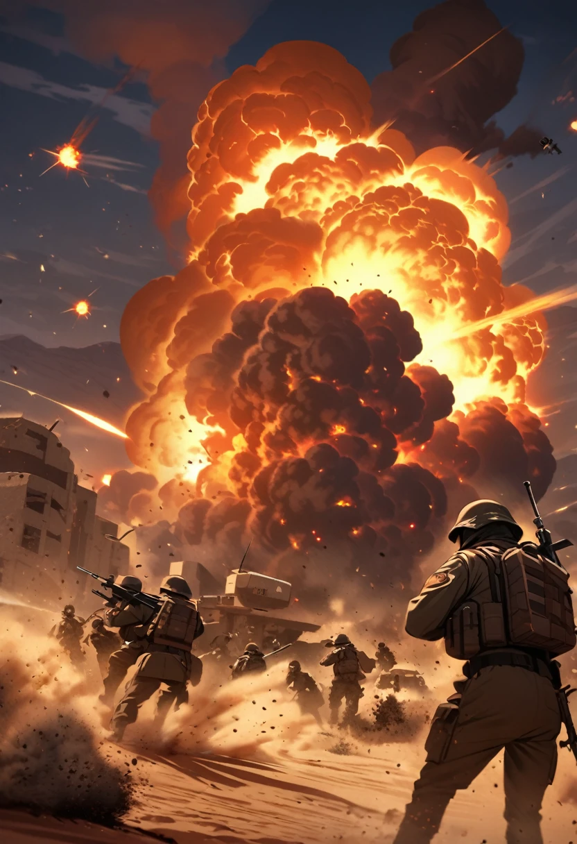 Terrorists, black terrorists, war, desert, night, blood, sandstorm, chaos, nuclear explosion