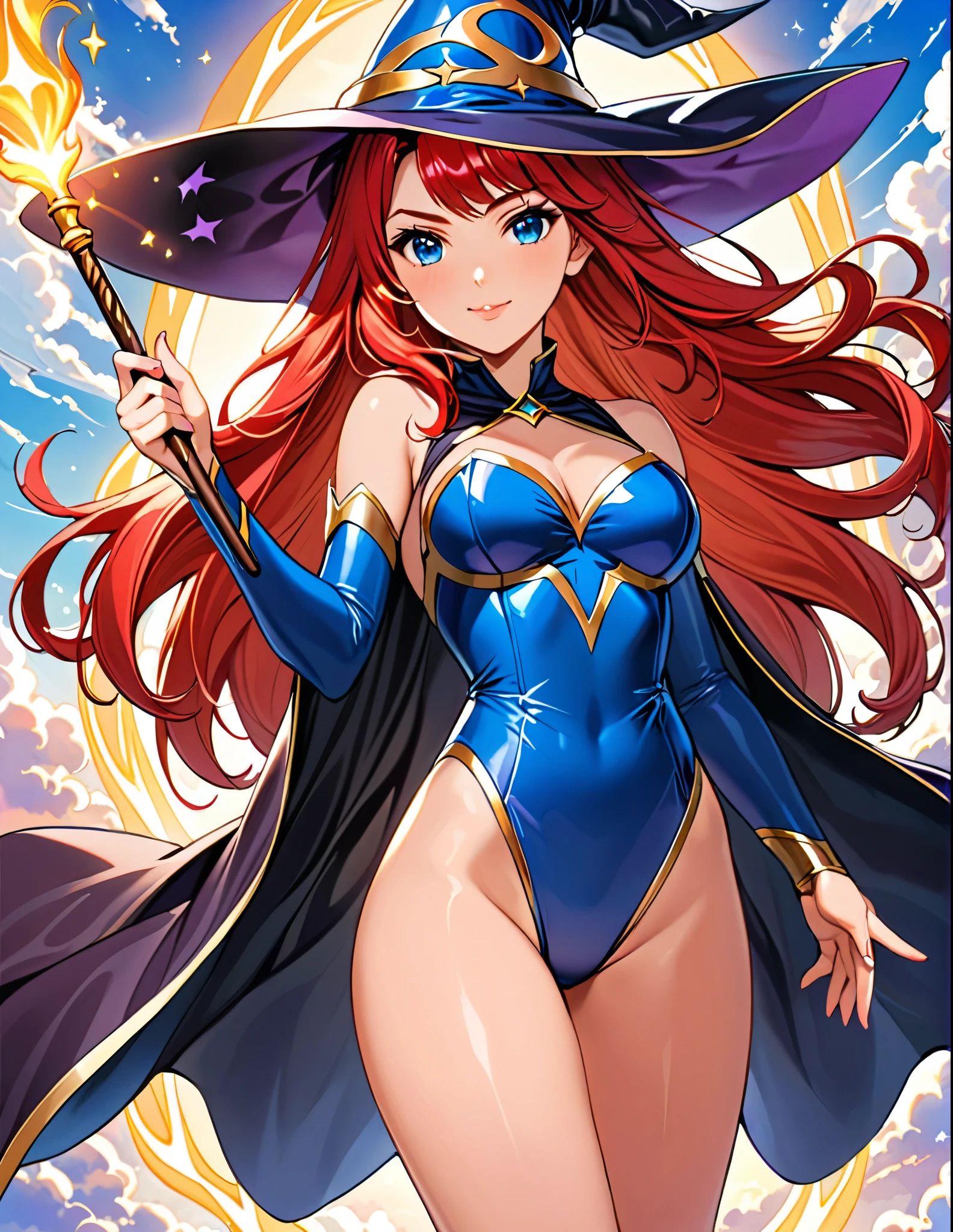 1girl, high school student, superhero, holding wand, superhero sorceress witch, sky witch, leotard, blue leotard with white accents, bare legs, blue thigh-highs, red high heels, witch hat, red hair, long hair, blue eyes, beautiful detailed eyes, beautiful detailed face, cute face, medium breasts, age 16-18, solo, solo focus, wonder
