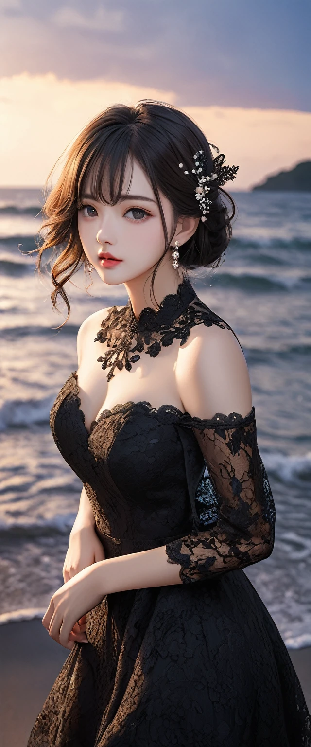 digital portrait、realistic depiction of the human body、RAW photo、one girl、gentle gray eyes、plump lips、An ennui look、huge bouncing busts、shortcut、(((Elegant black lace-like line dress、Dense and artistic lace black line dress、beautiful dress、super luxury dress)))、highest quality、super resolution、master piece:1.5、medium depth of field、50ｍｍlens、cinematic lighting、Backlight、professional photographer、sea side, evening