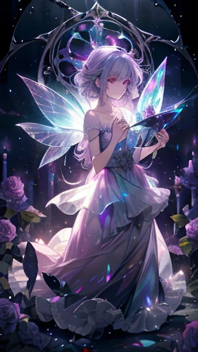 Fairy, purple lamp, haunting, mysterious, psychedelic, dark gray dress with rainbow crystals, bioluminescent path, candles, briar, roses, thorns, pastel scatter light, glass hour