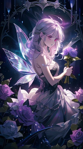 Fairy, purple lamp, haunting, mysterious, psychedelic, dark gray dress with rainbow crystals, bioluminescent path, candles, briar, roses, thorns, pastel ter light, glass hour
