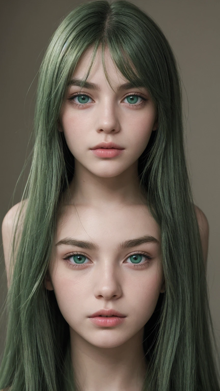 a girl. Europe. detailed face. delicate facial features. pointed chin. Oval face. expression is very sad. green hair. green eyes. long straight hairstyle. messy hair. thin lips. look directly