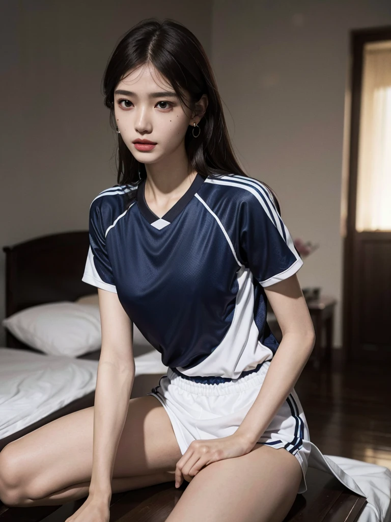 ((full body shot)), absurdres, RAW photo, extremely delicate and beautiful, masterpiece, Best Quality, ultra high resolution, 32k, hyperrealistic, ultra-detailed, perfect anatomy, anatomically correct, perfect figure, Perfect Style, Perfect balance, super Detailed skin, in her 30s, very Slim body, narrow waist, very small head, very small face, delicate facial features, tearful mole, earring, very huge round tits, medium hair, dark blonde hair, asymmetrical hair, indoor, (soccer uniform Jersey:1.2),