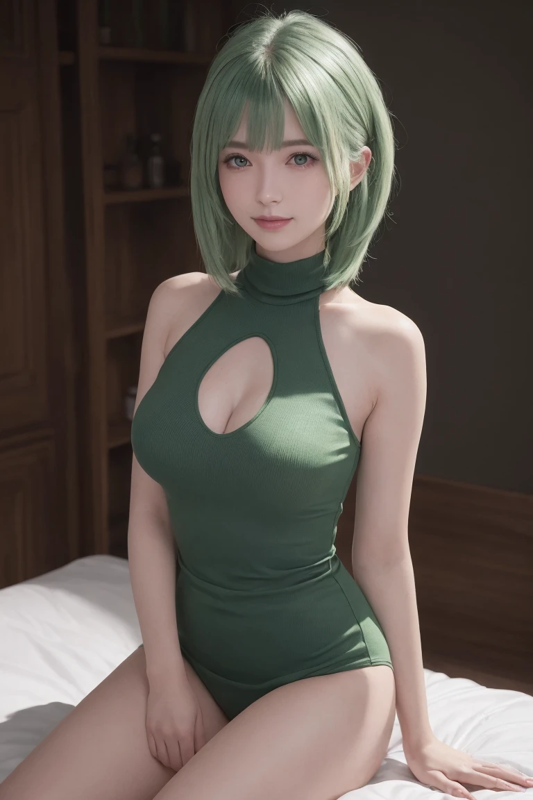 (1girl:1.3, solo), (((night situation:1.5))), (Masterpiece, best quality, photorealistic, highres, photography, :1.3), ultra-detailed, sharp focus, professional photo, commercial photo, (upper body:1.3, bust-up portrait), (starring the viewer:1.3), (arms behind back between legs:1.3), BREAK, (light-green hair:1.5), solo, European girl, hot model, highly detailed eyes and pupils, realistic skin, all-back hair:1.3, (attractive body, gigantic breast:1.25, thin waist:1.15), thin half-up hair, single hair, medium-length hair, extremely detailed hair, delicate sexy face, sensual gaze, shiny lips, BREAK, wearing a halter-neck light-green blue skin tight dress:1.3, high-neck dress, detailed clothes, BREAK, showroom effect, staged compositions, polished presentation, sleek visuals, idealized environments, aspirational design, BREAK, looking at viewer, cinematic lighting, in the dark, deep shadow, at night, natural shading, low key, intricate detail, detailed skin, pore, highres, hdr, 4k, realistic, BREAK, (attractive posing), ((realistic, super realistic, realism, realistic detail)), perfect anatomy, perfect proportion, bokeh, depth of field, hyper sharp image, (attractive emotion, seductive smile:1.2, happy:1.2, blush:1.2, :d:1.2, :p:1.2), 4fingers and thumb, perfect human hands, (professional studio soft light, cinematic light, bar light, rim lighting, low key, in the dark),