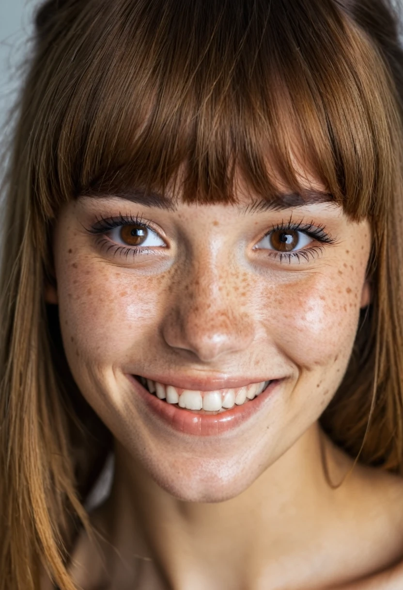 beautiful lady, (freckles), big smile, brown hazel eyes, Full Bangs, dark makeup, hyperdetailed photography, soft light, head and shoulders portrait, cover