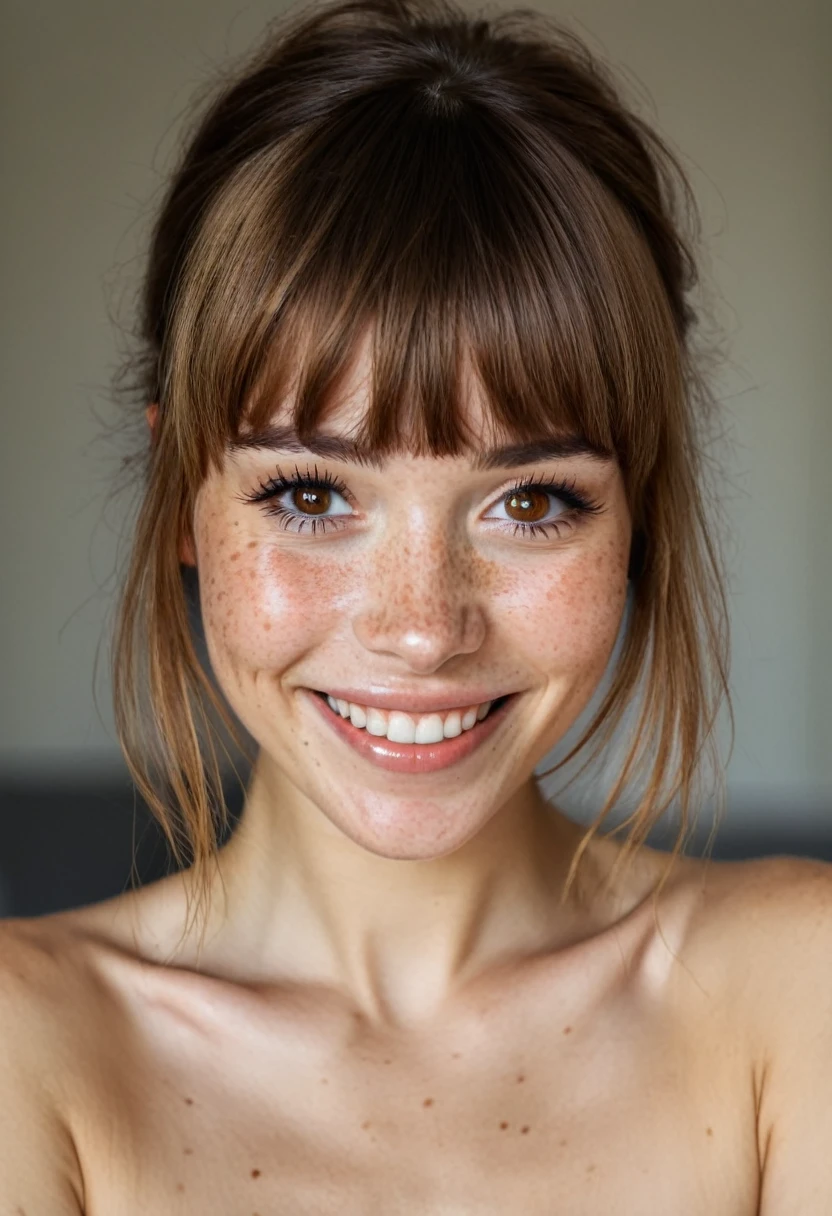 beautiful lady, (freckles), big smile, brown hazel eyes, Full Bangs, dark makeup, hyperdetailed photography, soft light, head and shoulders portrait, cover