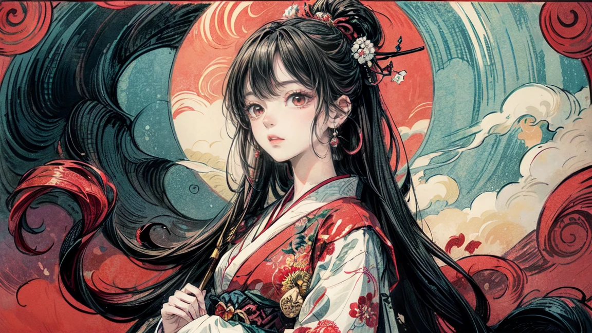 A mysterious and serene Japanese-style art piece featuring a woman with long black hair and red eyes, red eyeshadow, dressed in traditional Japanese clothing. She has traditional hair ornaments in her hair. The background includes ukiyo-e style blue waves, a red sun, and white clouds. The overall color scheme is vibrant with a contrast between dark and bright tones, showcasing intricate details that reflect traditional Japanese aesthetics.