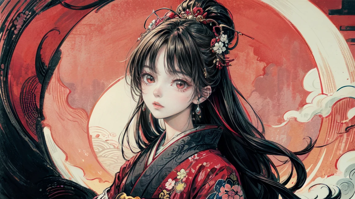 A mysterious and serene Japanese-style art piece featuring a woman with long black hair and red eyes, red eyeshadow, dressed in traditional Japanese clothing. She has traditional hair ornaments in her hair. The background includes ukiyo-e style blue waves, a red sun, and white clouds. The overall color scheme is vibrant with a contrast between dark and bright tones, showcasing intricate details that reflect traditional Japanese aesthetics.