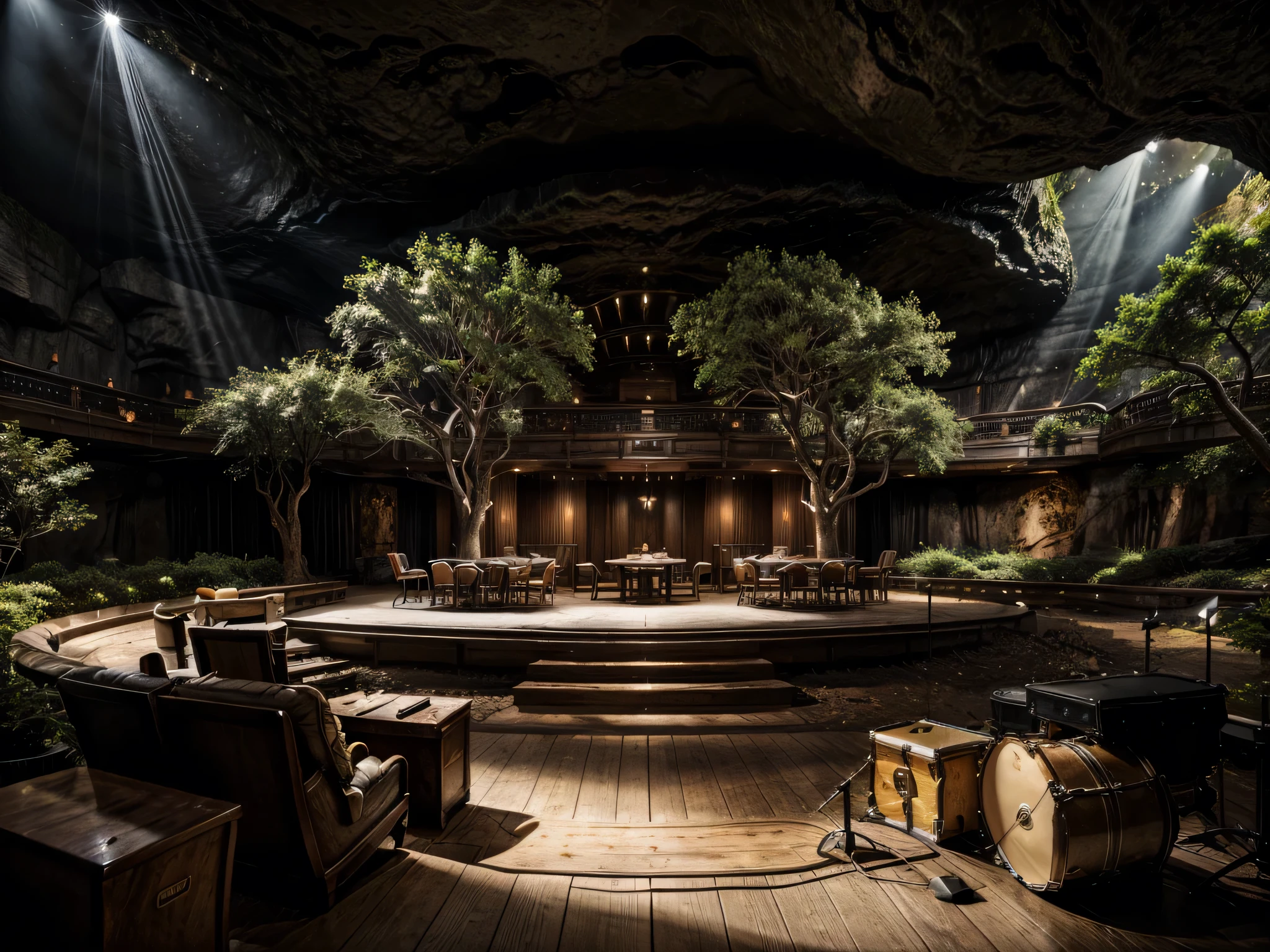 cafe restaurant, a music stage in a cave, big stage, tone white, spotlights, natural lighting, musical equipment, guitars, pianos, drum sets, trumpets, realistic, surreal,
Wide space, trees around, glass windown big, Realistic,Photorealism