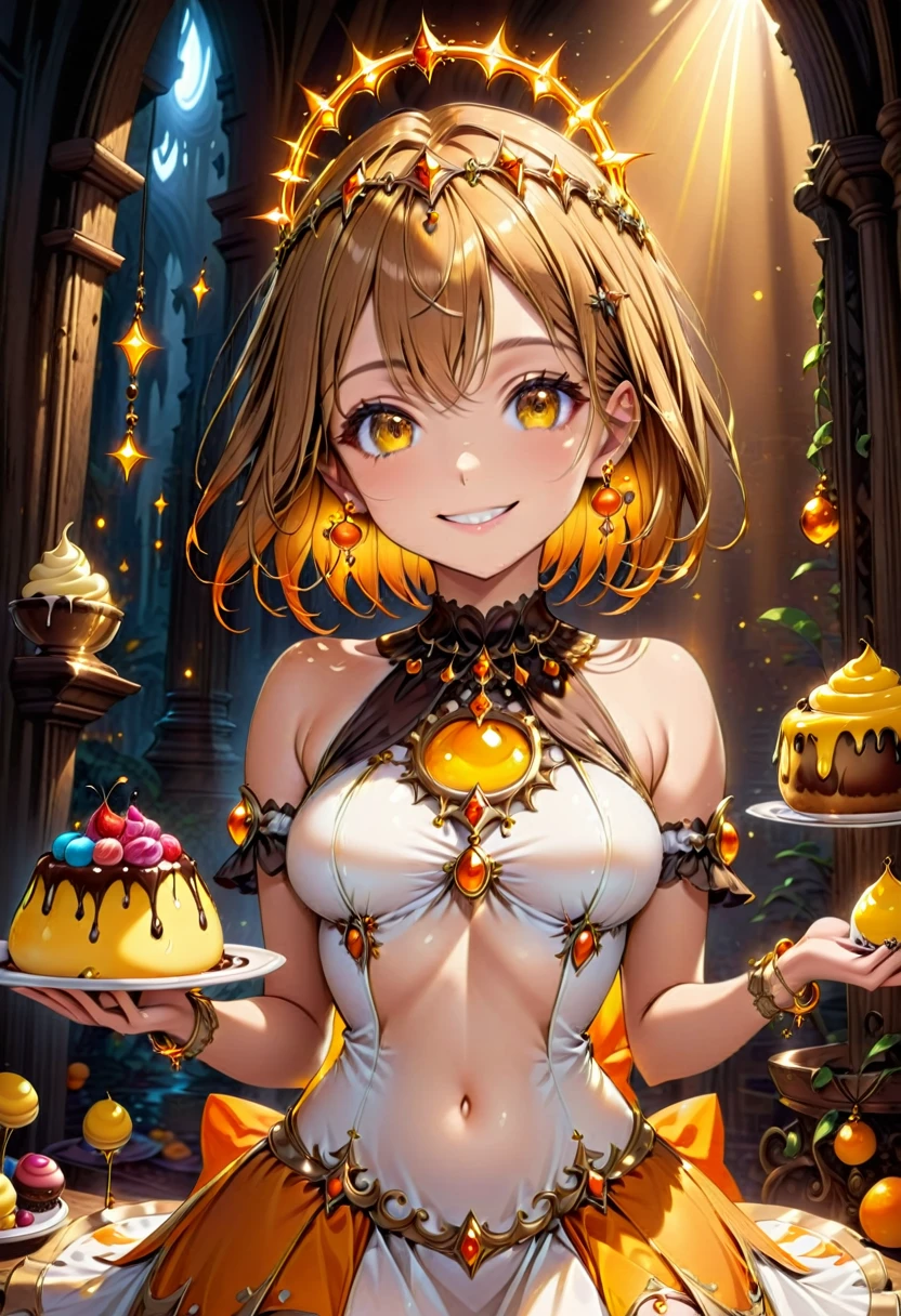 High resolution, high quality, High-resolution model, High detail, Very detailed, (Slim figure:1.5), (Fantasy atmosphere:1.3), (Waist up shot:1.3), (Have a pudding:1.3),goddess, Girl, Very Short Hair, Straight Hair, smile, Happy face, Brown eyes, Gradient eyes, Front shot, Her hair is orange on top and brown on the bottom., Mysterious Circlet of Light, Neon-like earrings, White dress, mini skirt, Shiny yellow and orange gothic ornaments on the costume, A mysterious ring of light in the background extends off-screen, Mysterious light in the background, The background is yellow, orange and brown, Artistic background with various sweets as a theme