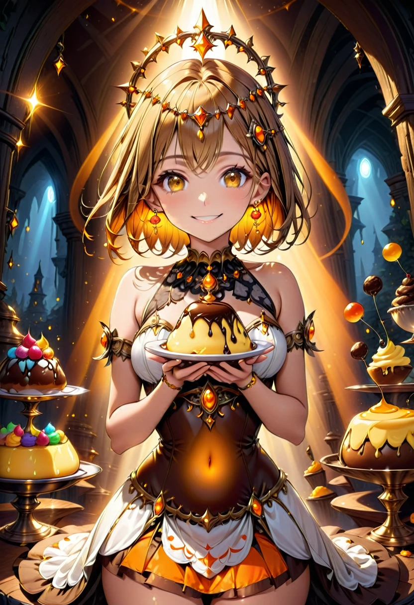High resolution, high quality, High-resolution model, High detail, Very detailed, (Slim figure:1.5), (Fantasy atmosphere:1.3), (Waist up shot:1.3), (Have a pudding:1.3),goddess, Girl, Very Short Hair, Straight Hair, smile, Happy face, Brown eyes, Gradient eyes, Front shot, Her hair is orange on top and brown on the bottom., Mysterious Circlet of Light, Neon-like earrings, White dress, mini skirt, Shiny yellow and orange gothic ornaments on the costume, A mysterious ring of light in the background extends off-screen, Mysterious light in the background, The background is yellow, orange and brown, Artistic background with various sweets as a theme