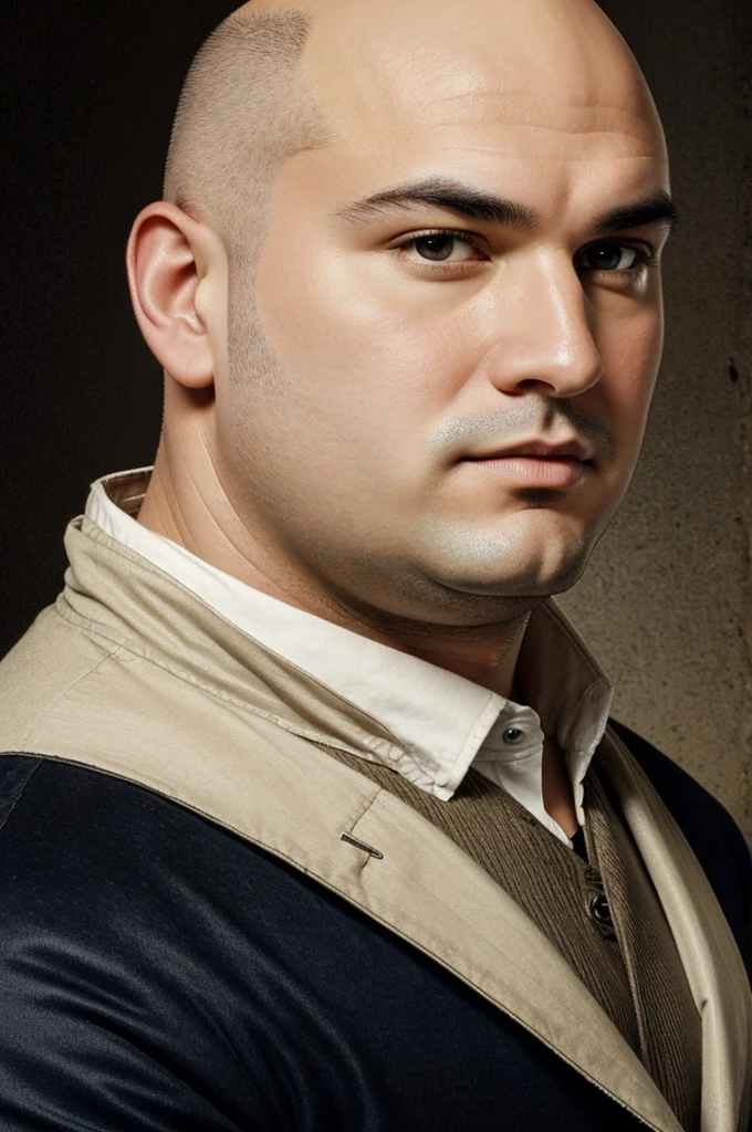 A man with an oval face, chubby, with no hair on his bald head, without a beard or sibyl