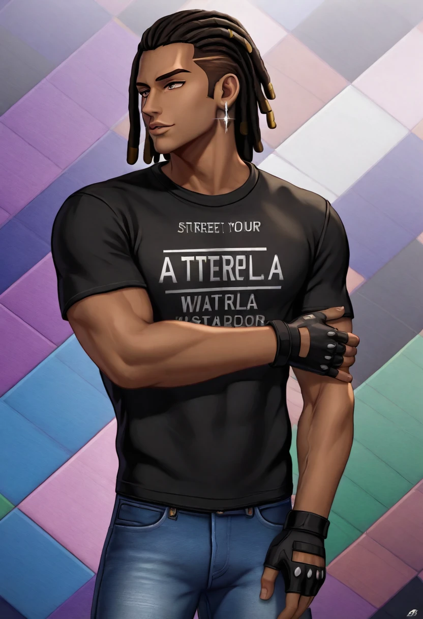 (masterpiece:1.2), (best quality), (ultra detailed), (8k, 4k, intricate),(half-body-shot:1), (highly detailed:1.2),(detailed background:1.2),((dark skin, handsome face,lips)) An man with black colored dreadlocks wearing a dark brown sweatshirt and jeans, street clothing, casual clothing, silver earrings, black fingerless gloves