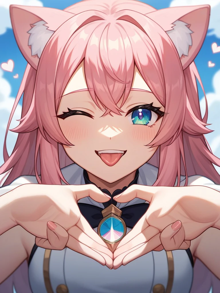 Adult, Female, long pink hair, winking, smiling, invisible heart symbol hands tongue out, vtuber, otaku bedroom, Masterpiece, Accurate, Anatomically Correct, Best Quality, High Details, Detail, Super Detailed, Best detail, Perfect detail, Amazing detail, [-3, 3], perfect hands, best hands, best fingers, perfect fingers, perfect body, best body, amazing body, Looking at viewer, front facing, upper body shot, Cat Ears, Close-Up, 