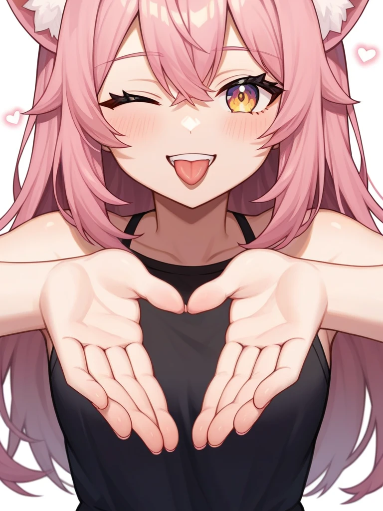 Adult, Female, long pink hair, winking, smiling, invisible heart symbol hands tongue out, vtuber, otaku bedroom, Masterpiece, Accurate, Anatomically Correct, Best Quality, High Details, Detail, Super Detailed, Best detail, Perfect detail, Amazing detail, [-3, 3], perfect hands, best hands, best fingers, perfect fingers, perfect body, best body, amazing body, Looking at viewer, front facing, upper body shot, Cat Ears, Close-Up, 