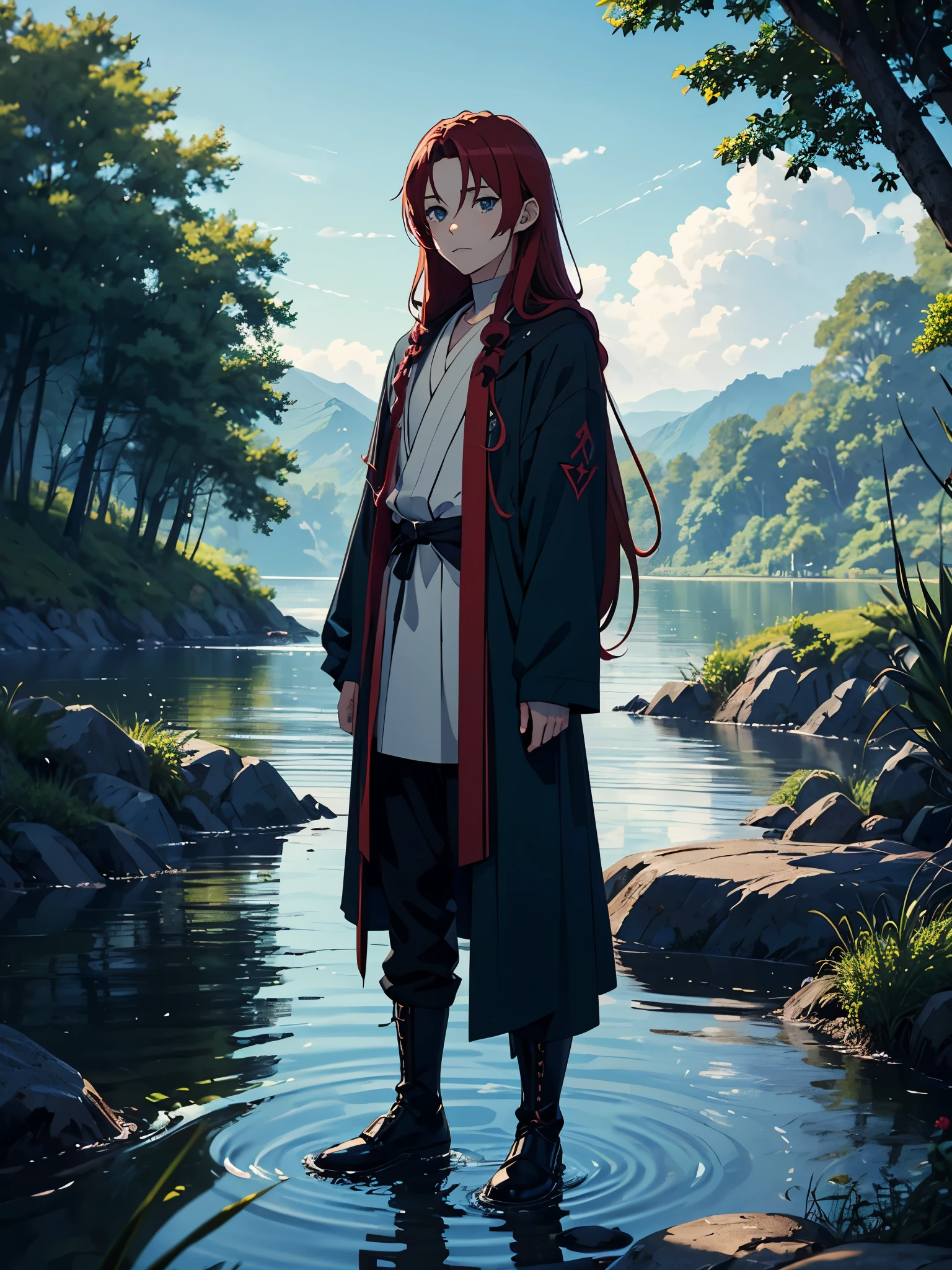 Runesmagie. Runes magie. Runes. 火. green clothes. More anime style. blue flames. 2d. flatter. anime style. Viking clothing. soft. More anime. Standing in a lake. More anime. More 2d. Clean. More anime. 2d. Glow. Red hair. More anime. male. Long hair. long red hair. boy, vikings. red hair. Blue eyes. fire.